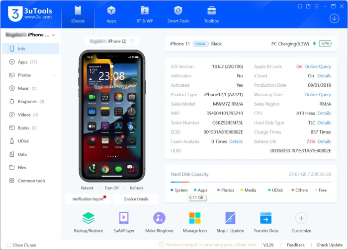 The 3uTools main window on Windows showing a connected iPhone with its iOS version, storage and battery details