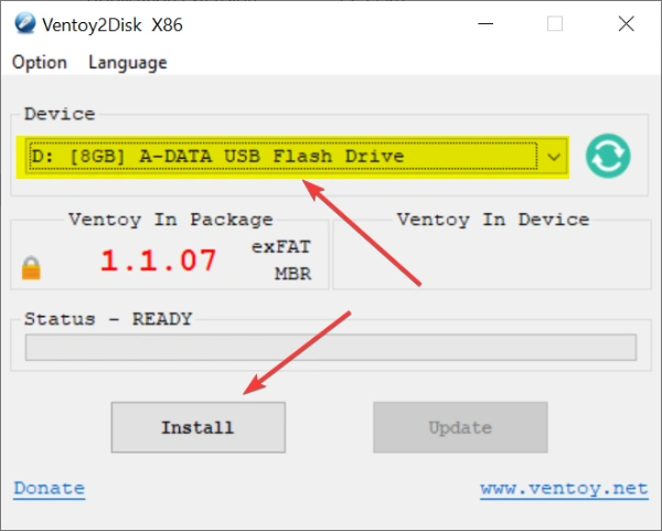 The Ventoy2Disk window with a USB drive selected, ready to install