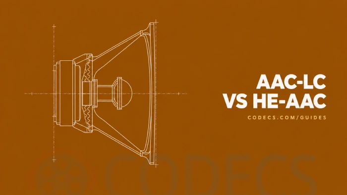 Blueprint drawing of a coaxial speaker driver in cross-section with a tweeter carried inside the main cone, beside the title AAC-LC VS HE-AAC