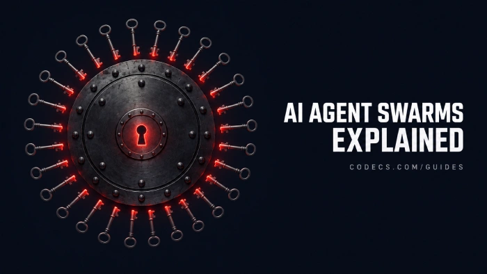 Dark illustration of a bank vault door with a ring of many identical small keys pressed toward one keyhole, under the title AI agent swarms explained