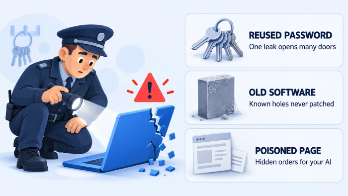 Diagram of a security guard inspecting a cracked laptop, with three cards: reused password, old software and poisoned page