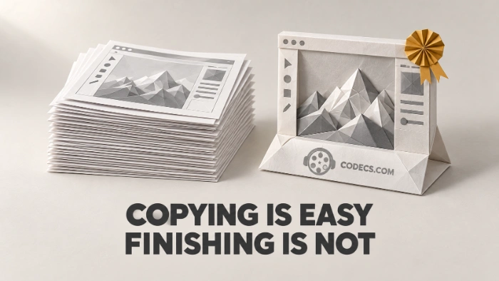 Origami paper scene of a tall stack of identical flat paper copies of a photo editor window beside one fully folded 3D window with an ochre paper rosette, under the title Copying is easy, finishing is not