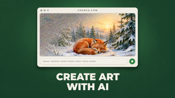 Illustration of an AI image generator window painting a watercolour fox in the snow out of coloured noise, above the title Create Art with AI