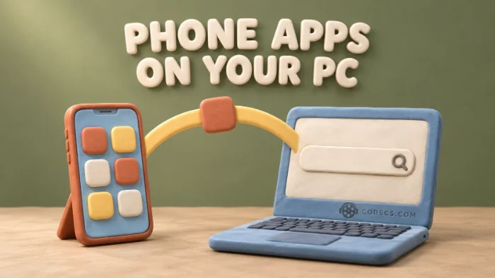 Clay-style 3D scene of a smartphone standing beside a laptop, with a soft glowing bridge carrying a blank app tile from the phone screen into a search bar on the laptop, under the title Phone Apps on Your PC