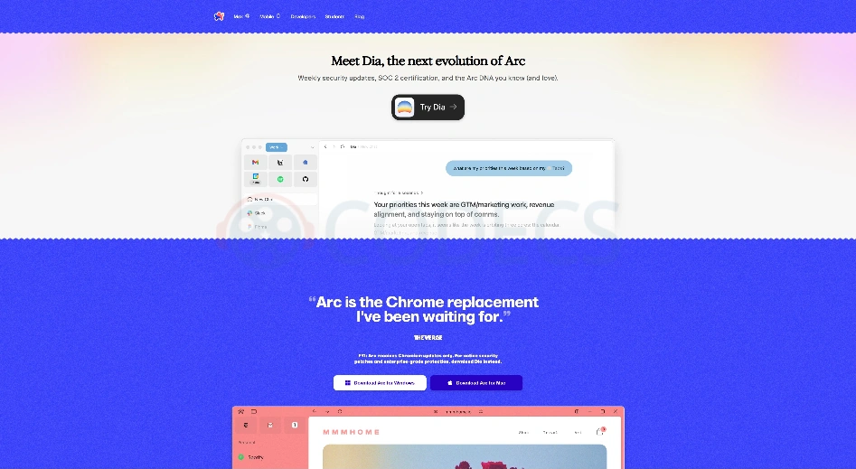 Arc browser website banner recommending users download Dia instead