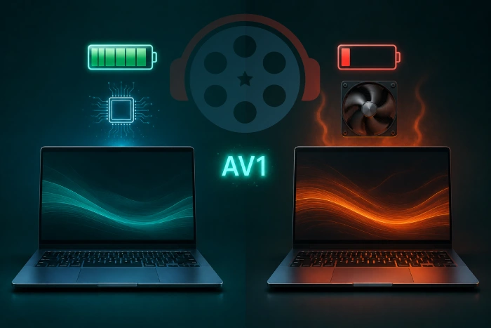 AV1 video codec shown decoding coolly in hardware on one laptop and overheating in software on another