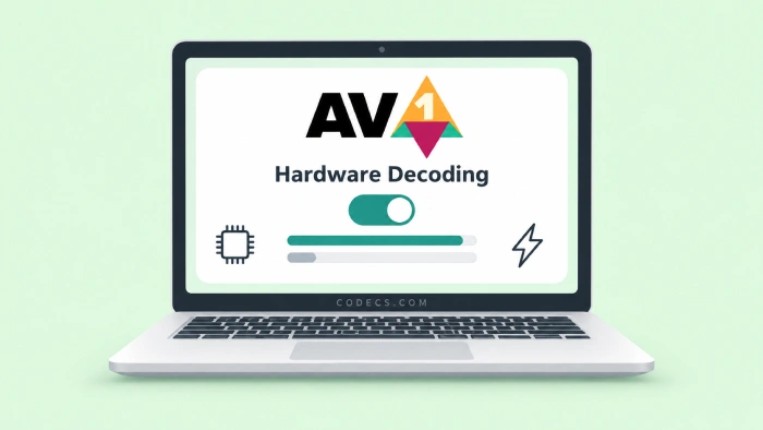 A laptop showing AV1 hardware decoding switched on, with the graphics card doing the work
