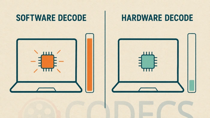 Two panels comparing power draw, with a tall orange bar and a hot chip for software decoding beside a short mint bar and a cool chip for hardware decoding