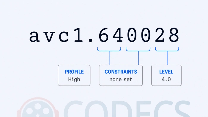 Breakdown of the string avc1.640028 into profile 64, constraint flags 00 and level 28, labelled High Profile and Level 4.0