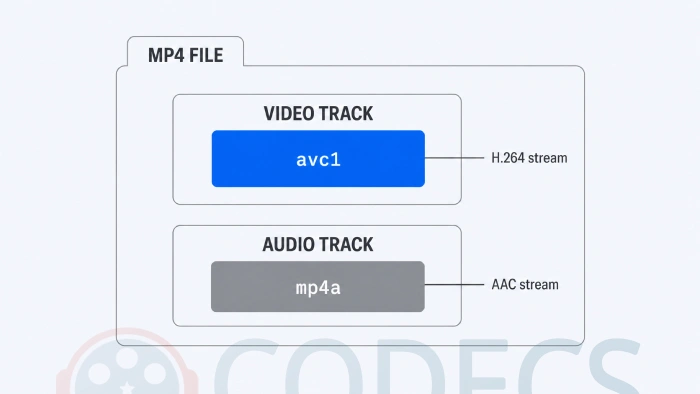 Diagram of an MP4 file showing a video track whose sample entry is labelled avc1, holding an H.264 stream, alongside an AAC audio track