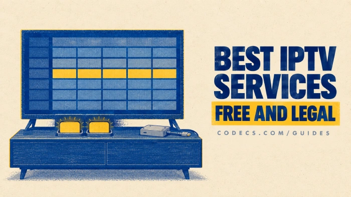 Flat TV showing a blank channel guide above two lit app tiles, with a plain unbranded box pushed aside, beside the title Best IPTV Services Free and Legal