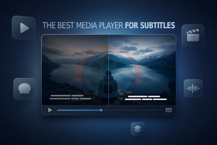 A video player panel split down the middle, with plain unstyled subtitles on one side and properly styled subtitles on the other
