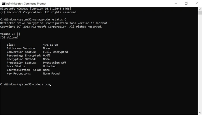 Command Prompt running as administrator showing the manage-bde -status C: command, with the drive reported as Fully Decrypted and Protection Off, which means BitLocker is not turned on