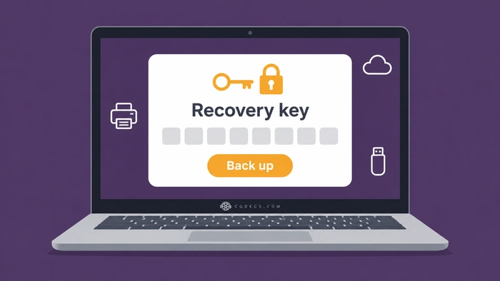 A flat illustration of a laptop on a plum background, its screen showing a white card with an amber key icon, the words Recovery key, a row of hidden key blocks and a Back up button, with CODECS.COM and the grey CODECS logo on the bottom bezel