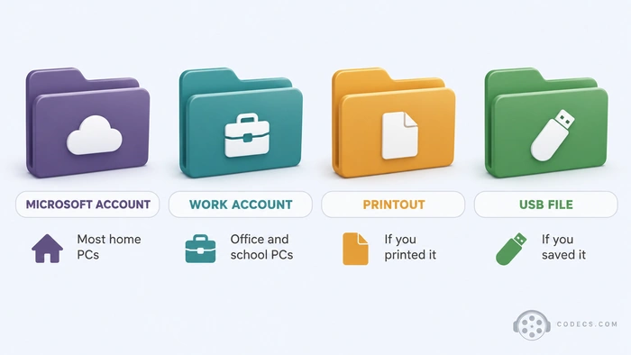Four columns showing where a BitLocker recovery key can be stored: MICROSOFT ACCOUNT with a cloud emblem, WORK ACCOUNT with a briefcase, PRINTOUT with a sheet of paper, and USB FILE with a flash drive, each with a short line saying who it applies to