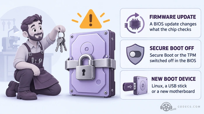 A cartoon locksmith kneeling beside a large locked drive with an amber warning triangle above it, next to three cards reading FIRMWARE UPDATE, SECURE BOOT OFF and NEW BOOT DEVICE, each explaining a common trigger for the BitLocker recovery screen
