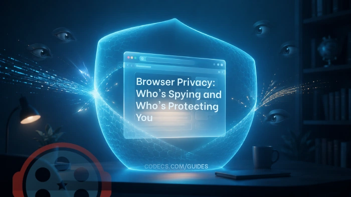 Browser window protected by a blue shield deflecting tracking data