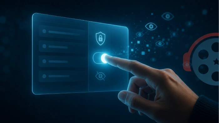 Hand toggling a privacy switch as trackers fade away