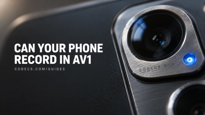 Macro photograph of a phone camera module with a blue record indicator lit, titled Can Your Phone Record in AV1