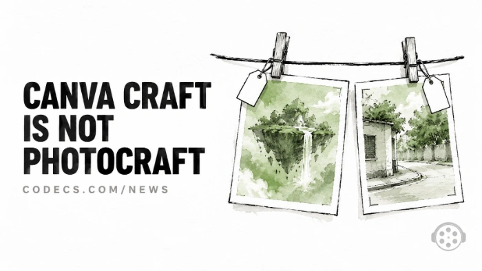 Ink and wash drawing of two prints on a drying line under identical tags, one a floating island and one a street photo with crop marks, beside the title Canva Craft is not PhotoCraft