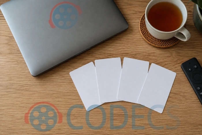 Four blank cards fanned out beside a closed laptop, suggesting a choice between options