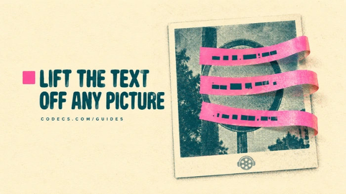 A printed photo with strips of text peeling off it, beside the title Lift the text off any picture