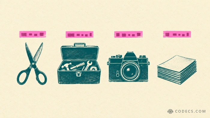 Scissors, a toolbox, a camera and a stack of paper, each with a strip of text above it, standing for four free ways to copy text