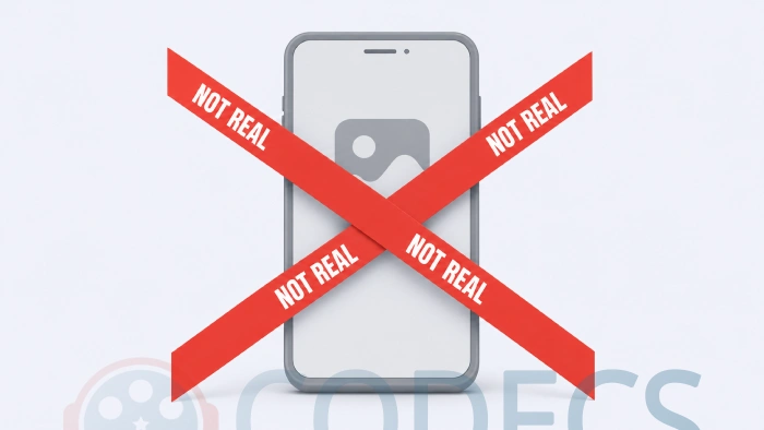 A plain grey phone showing a generic app icon, crossed by two red hazard tape bands reading NOT REAL