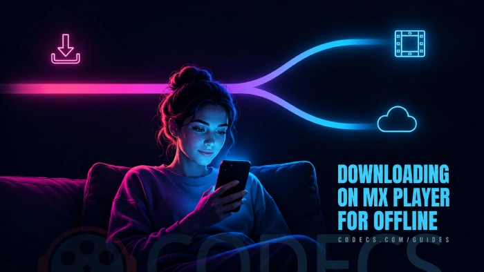 A person on a sofa holding a phone, with two ribbons of light forking apart behind them