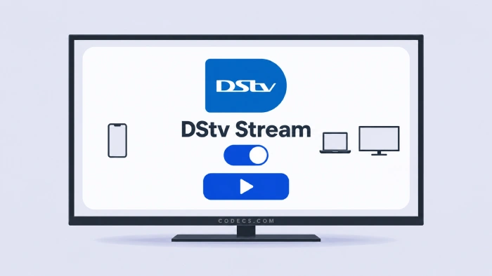 Flat TV showing a white card headed DStv Stream with a switched-on toggle and a play button, with CODECS.COM on the lower bezel
