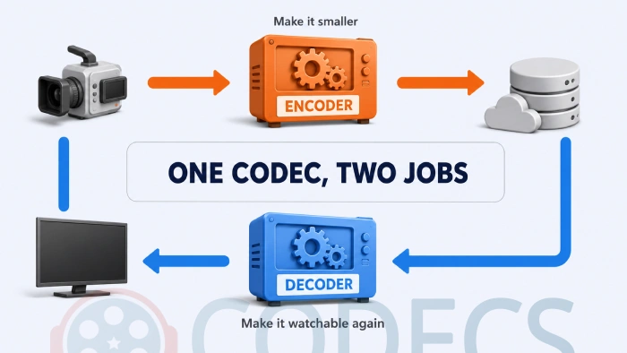 Diagram showing an encoder compressing a file for storage and a decoder expanding it again for playback