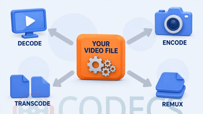 Four labelled paths showing a video file being decoded, encoded, transcoded and remuxed