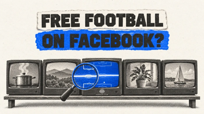 Screen-print poster of five small TV monitors in a row, a magnifying loupe over the middle one as its football match switches off to a thin line, under the title Free football on Facebook?