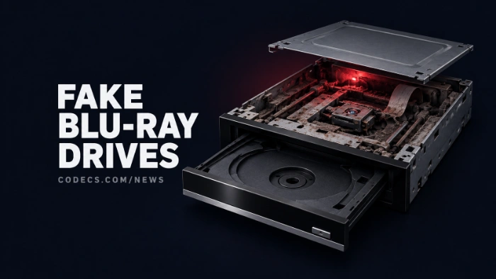 An optical drive with a flawless new faceplate and a worn, dusty mechanism glowing red inside, beside the title Fake Blu-ray Drives