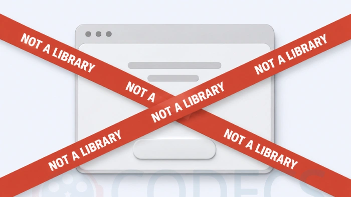 A plain grey browser window with a large blank download button, crossed by two bands of red hazard tape reading NOT A LIBRARY