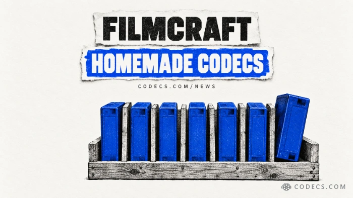 A screen-printed poster of a homemade wooden rack of blue video cassettes, one too thick to fit its slot, under the title FilmCraft, homemade codecs