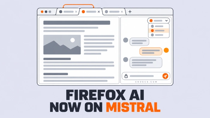 Line illustration of a browser window with an AI chat panel and a three-choice model picker, with the title FIREFOX AI NOW ON MISTRAL
