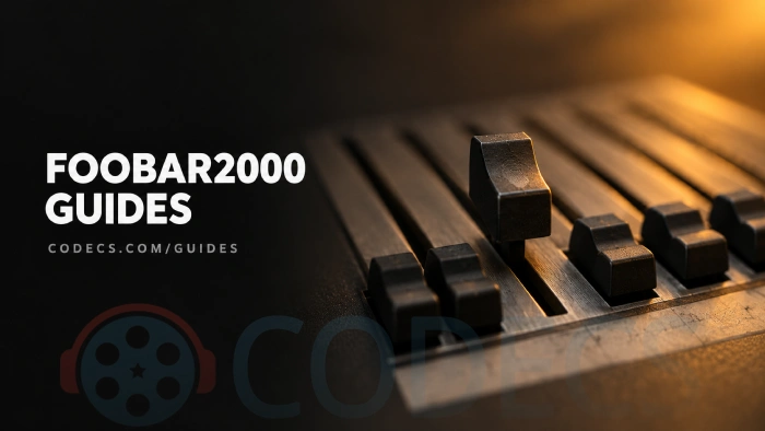 Macro photograph of a row of mixing desk faders with one pushed up under warm amber light, beside the title foobar2000 Guides and the byline codecs.com/guides