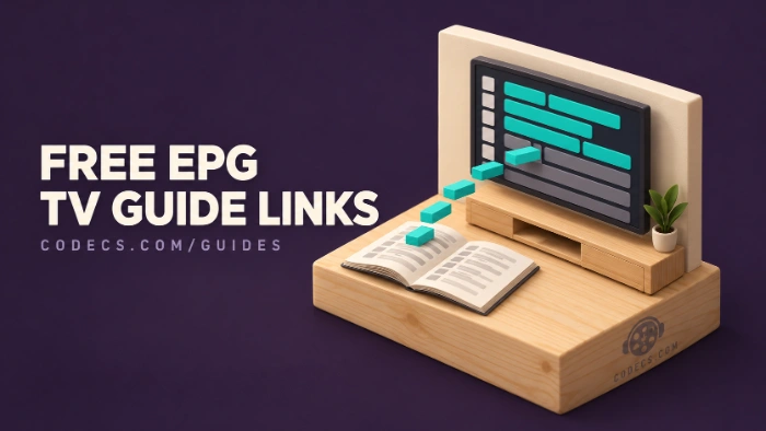 Miniature model of a TV showing a channel guide half filled with teal programme blocks lifting off an open paper TV listings booklet, beside the title Free EPG TV Guide Links