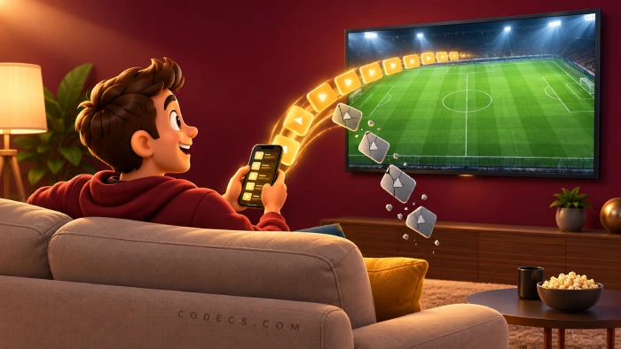 Cartoon fan loading a free football IPTV playlist onto a TV, with dead channels falling out of the list