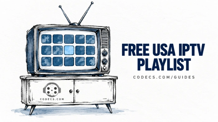 Ink and wash drawing of an old TV with rabbit-ear antennas showing a grid of channel tiles washed in blue, beside the title Free USA IPTV Playlist