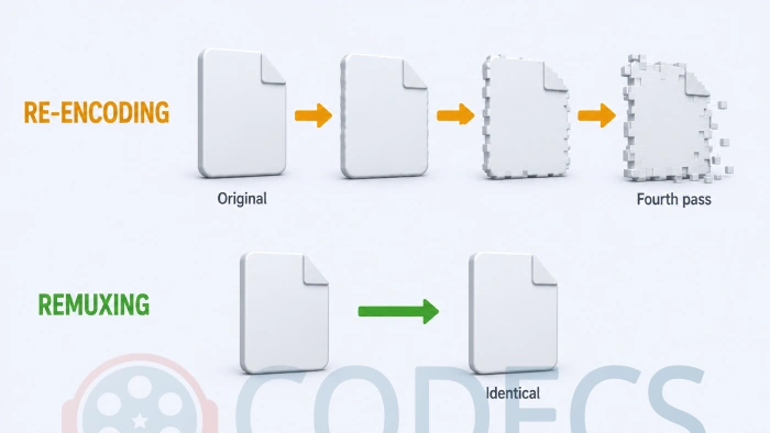 A file losing detail through three successive rounds of re-encoding, next to a remux that stays sharp