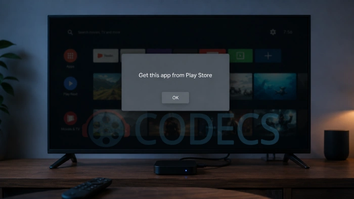 An Android TV box showing the Get this app from Play Store dialog blocking a sideloaded app from opening