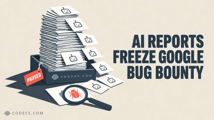 A letter tray buried under a tower of identical robot-stamped bug report cards with a PAUSED tag, one real report set apart under a magnifying glass, beside the title AI reports freeze Google bug bounty