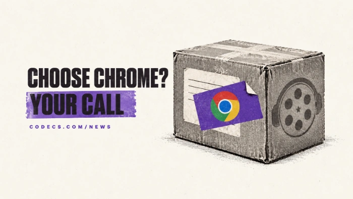 A cardboard parcel whose shipping label is half covered by a newer violet label, beside the title Choose Chrome? Your call