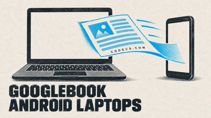 Screen-print illustration of a document sliding from a phone screen onto a laptop screen