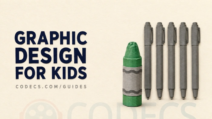 One chunky matte green crayon standing upright beside a row of slim grey technical drawing pens, with the title GRAPHIC DESIGN FOR KIDS and the byline CODECS.COM/GUIDES