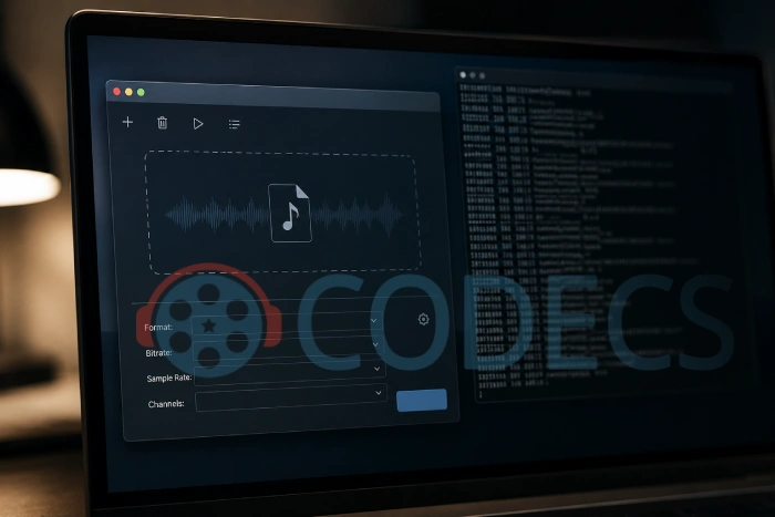 An audio converter window with a terminal reflected in the screen behind it