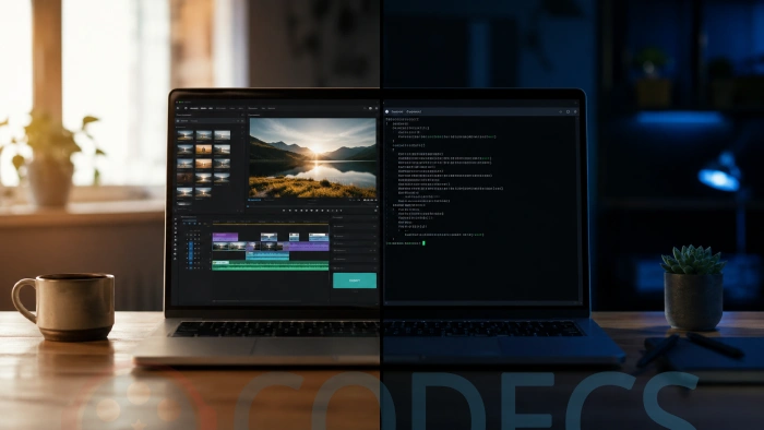 A laptop showing a video editor with a timeline on one side and a terminal window with a command prompt on the other