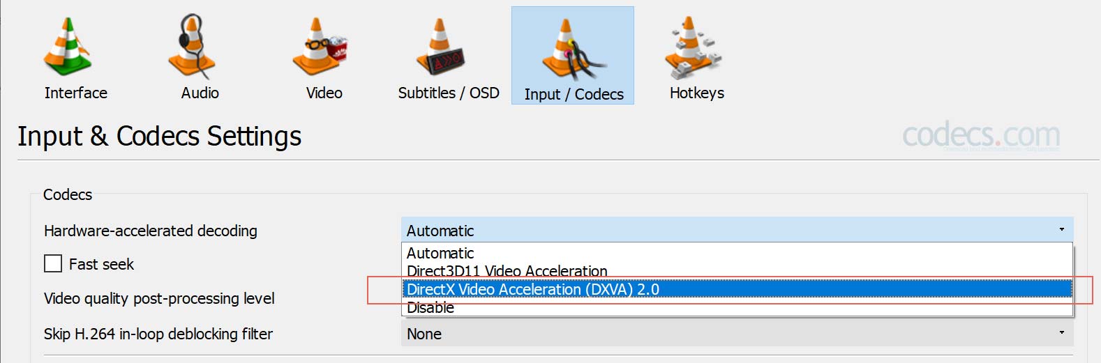 Select DirectX Video Acceleration (DXVA) 2.0